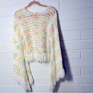 Flare Sleeve Crochet Top Blouse Fringe Shirt Pastel Handmade Longsleeve Crop